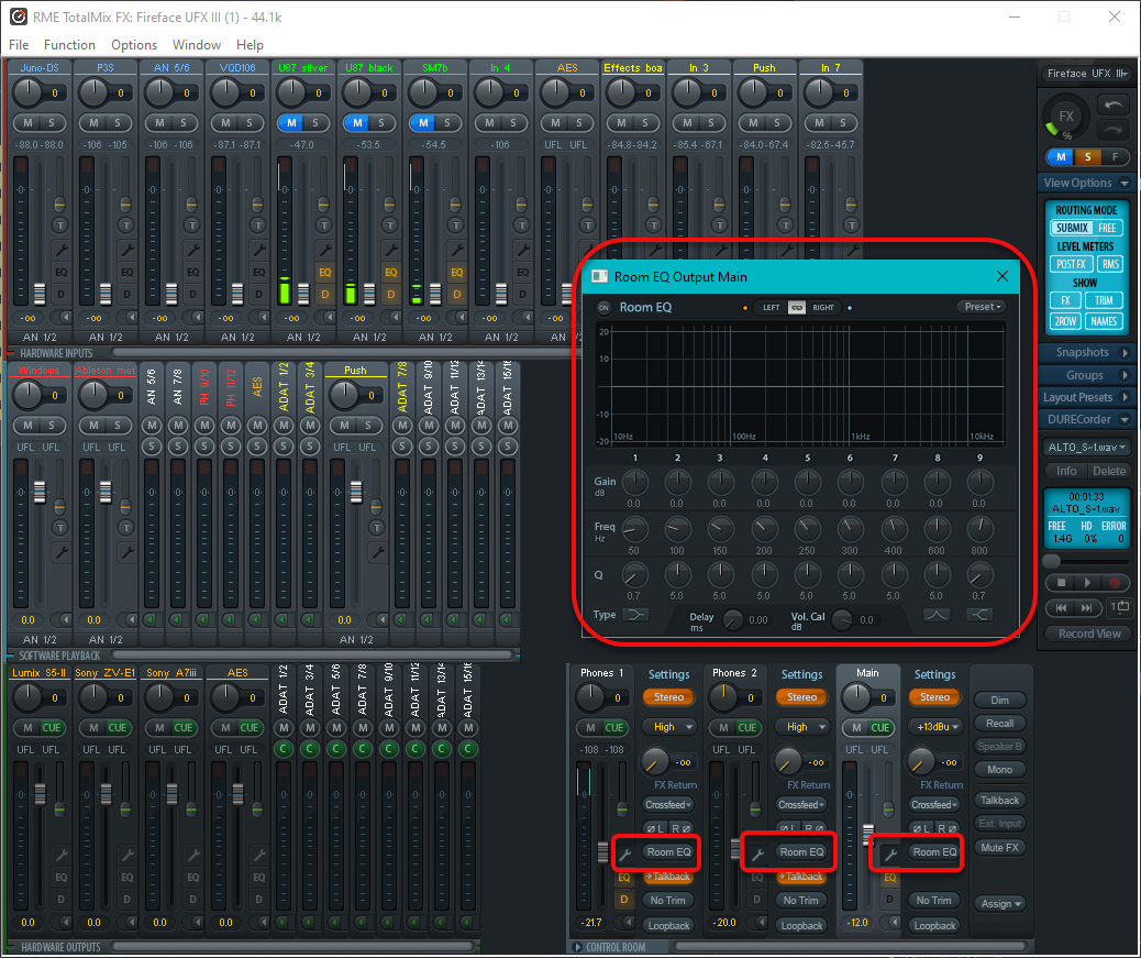 The Room EQ panel is labeled with the name of the output channel it is displaying (Main). The Room EQ panel is labeled with the name of the output channel it is displaying (Main).