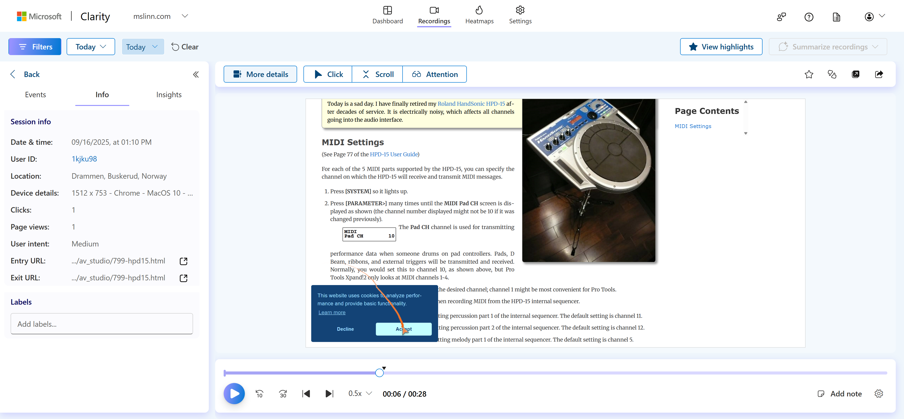Screen capture of Clarity video of a user accepting cookies
