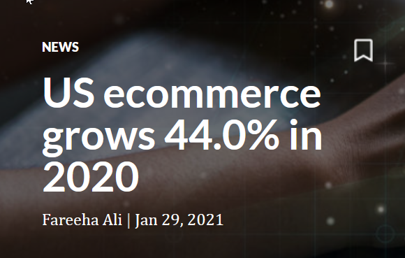 US ecommerce grows 44% in 2020<br />Online spending was $861 billion: 21% of total retail sales