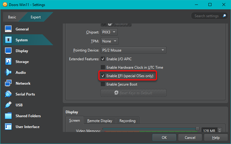 Enable EFI in the VirtualBox VM settings