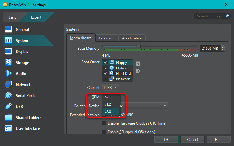 Enable TPM v2.0 in the VirtualBox VM settings