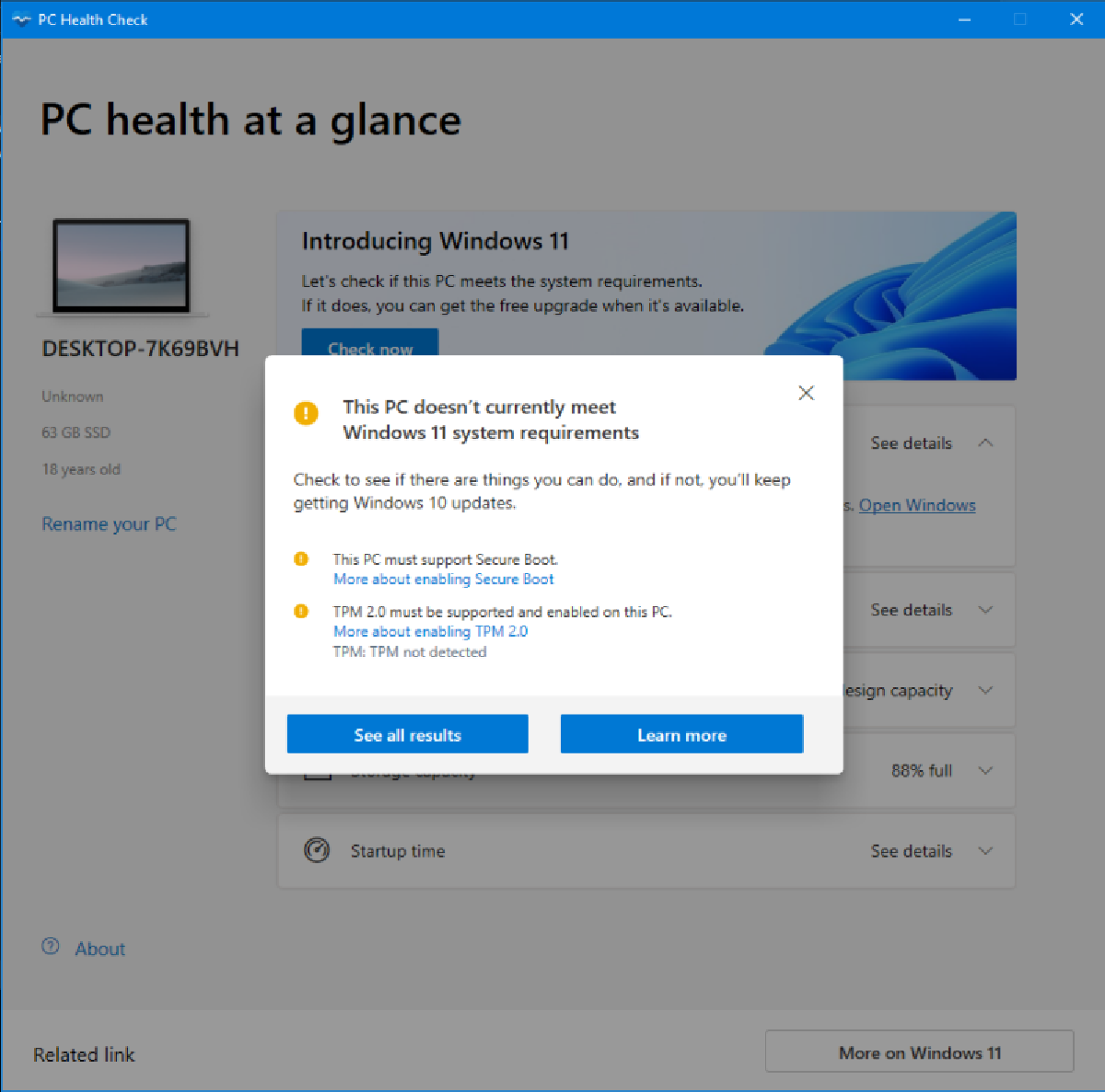 PC Health Check app shows that the client OS does not meet the requirements for Windows 11