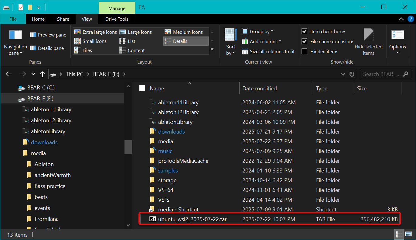 Larger WSL instances back up to enormous tar files.<br>This backup is 256 GB (1/4 TB).