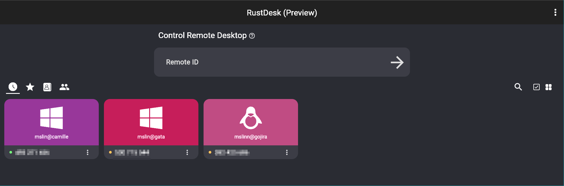 RustDesk web client showing 3 favorite remote computers