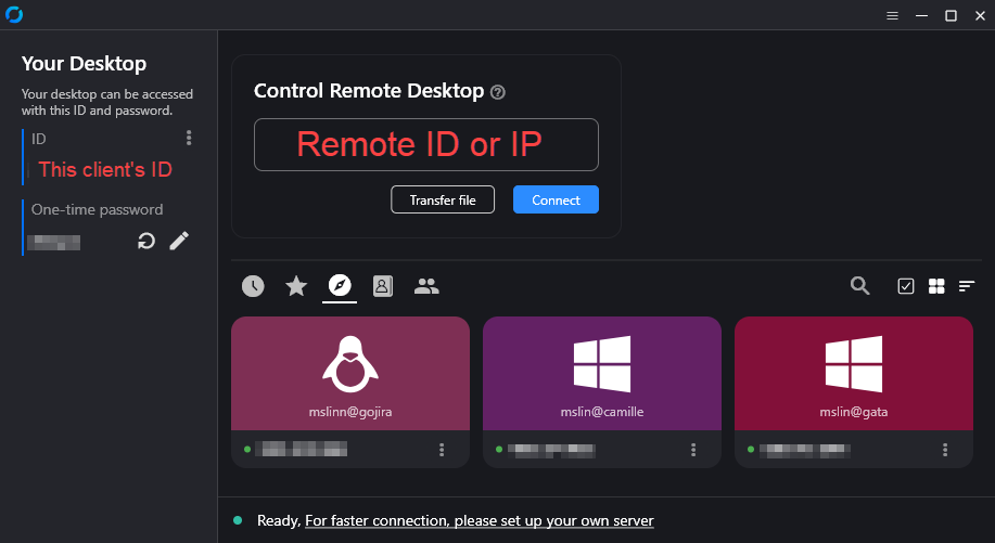 RustDesk computer client showing 3 favorite remote computers
